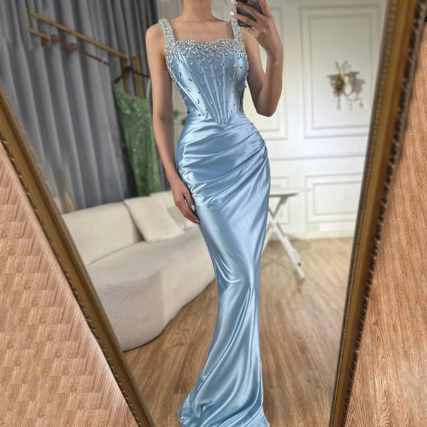 Luxury Dubai  Saudi Blue Crystal Beaded Spaghetti Strap Mermaid Evening Dress Gown with Split for Formal Occasion LA72739