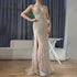 Luxury Blue Feather Beaded Evening Dress with Side Skirt LA72695 - SERENE HILL