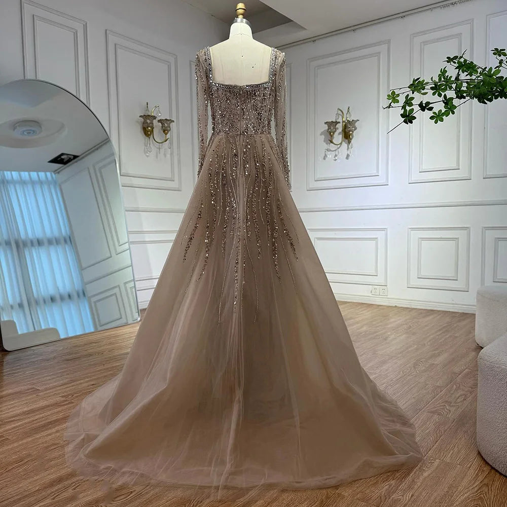 Luxury Modest Caramel Beaded Mermaid Evening Dress with Overskirt LA72710A - SERENE HILL