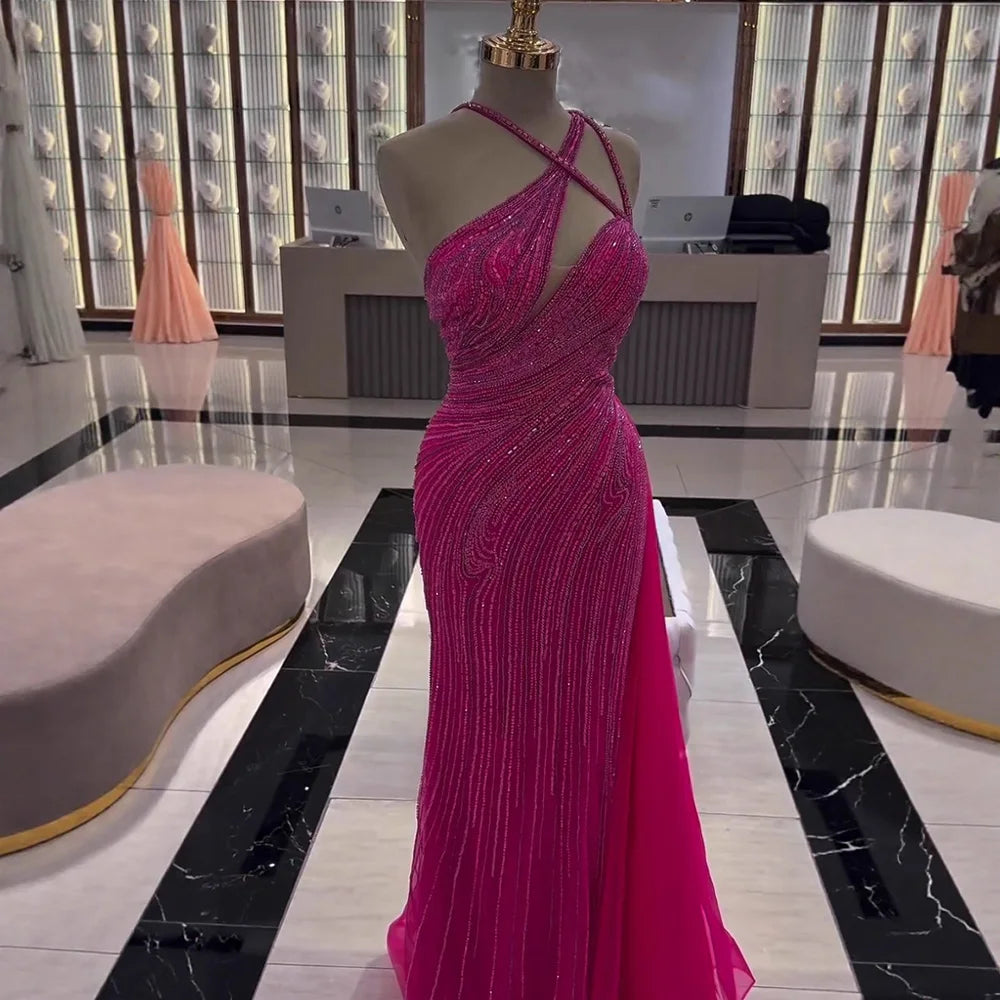 Fuchsia One Shoulder Beaded Mermaid Evening Dress with Overskirt LA73105 - SERENE HILL