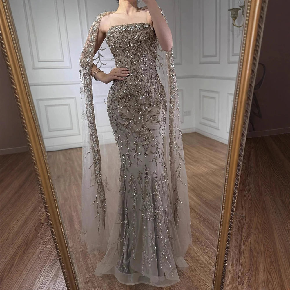 Luxury White Dubai Arabia Beading Evening Dress With Cape LA72870 - SERENE HILL