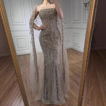 Luxury White Dubai Arabia Beading Evening Dress With Cape LA72870 - SERENE HILL