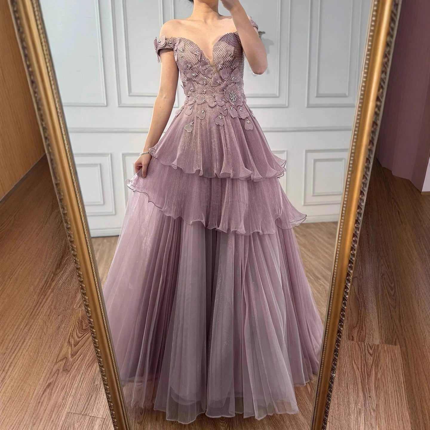 Luxury Pink Dreamy Ruffles Beaded A-Line Evening Dress LA73385 - SERENE HILL