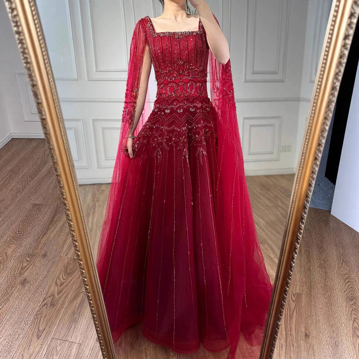 Luxury Caramel A-Line Beaded Evening Dress with Cape Sleeves LA73089A - SERENE HILL