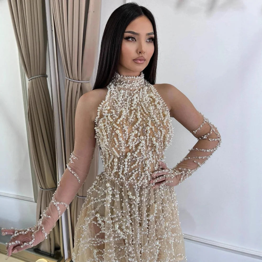 Arabic Nude Pearl Beaded High Neck Short Party Dress with Gloves LA72345D - SERENE HILL