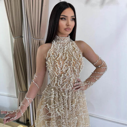 Arabic Nude Pearl Beaded High Neck Short Party Dress with Gloves LA72345D - SERENE HILL