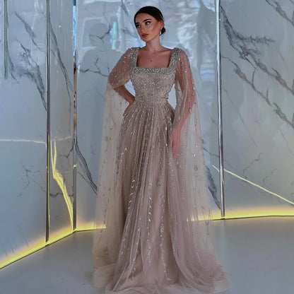 Caramel Beaded A-Line Evening Dress with Cape Sleeves LA71803A - SERENE HILL
