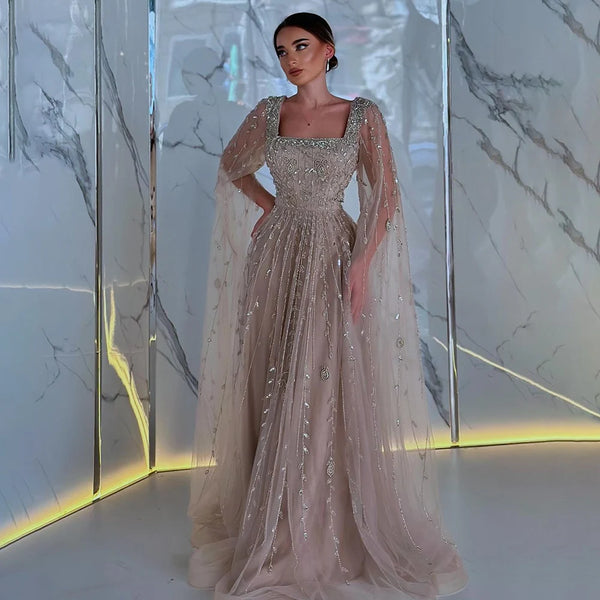 Caramel Beaded A-Line Evening Dress with Cape Sleeves LA71803A