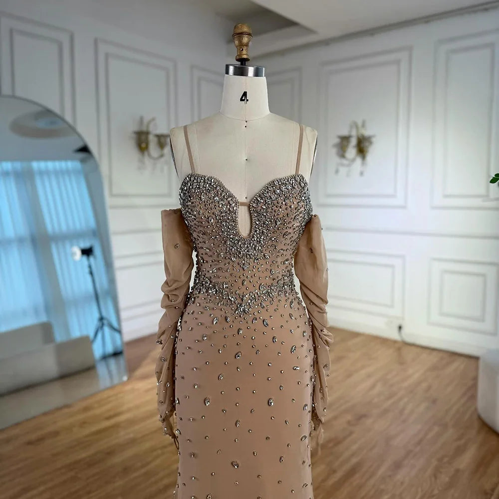 Luxury Nude Beaded Dress with Detachable Sleeves LA73065 - SERENE HILL