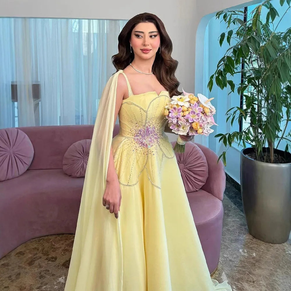Luxury Yellow A Line Evening Dress with Cape LA73045 - SERENE HILL