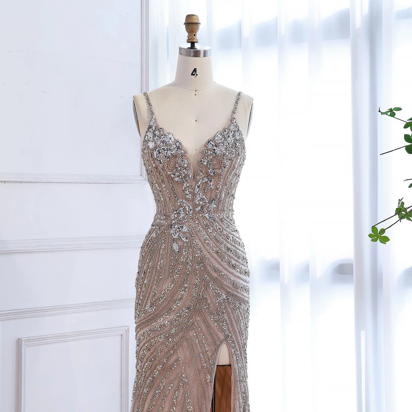 Luxury Nude Beaded High Slit Mermaid Evening Dress LA73340 - SERENE HILL