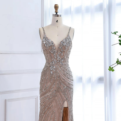 Luxury Nude Beaded High Slit Mermaid Evening Dress LA73340 - SERENE HILL