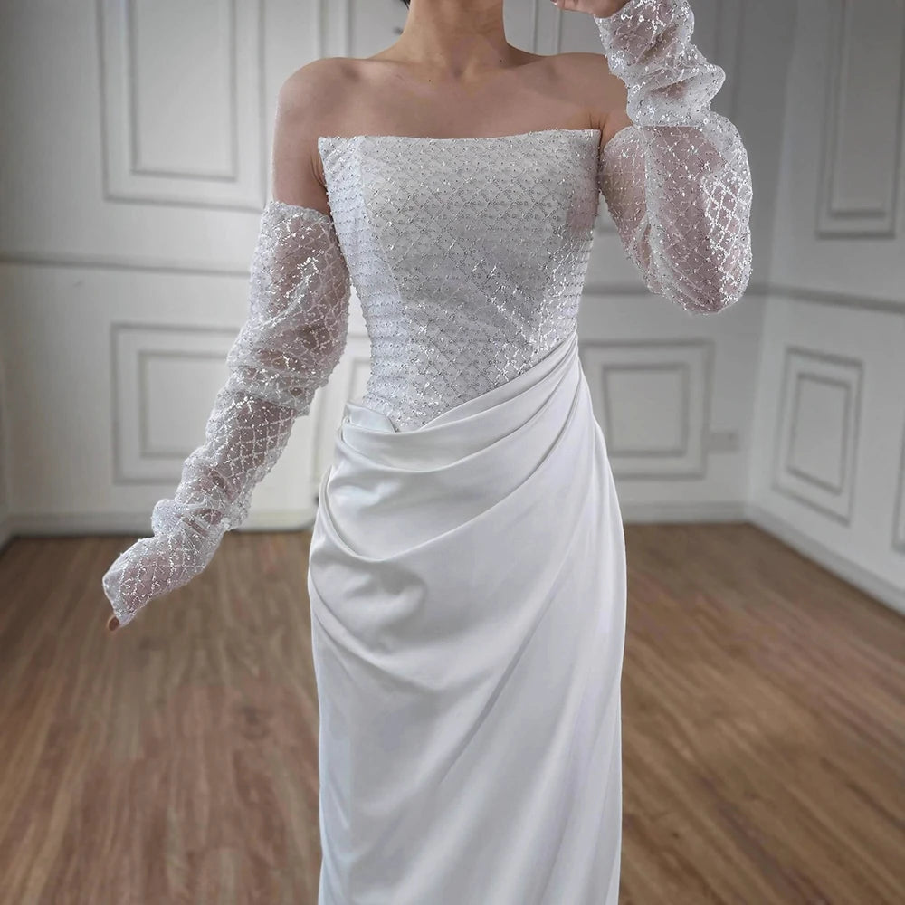 White Beaded Evening Dress with Detachable Sleeves LA72293A - SERENE HILL