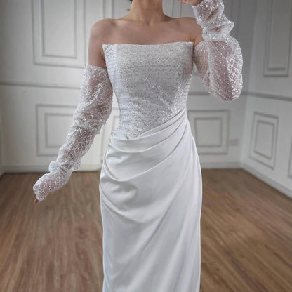 White Beaded Evening Dress with Detachable Sleeves LA72293A - SERENE HILL