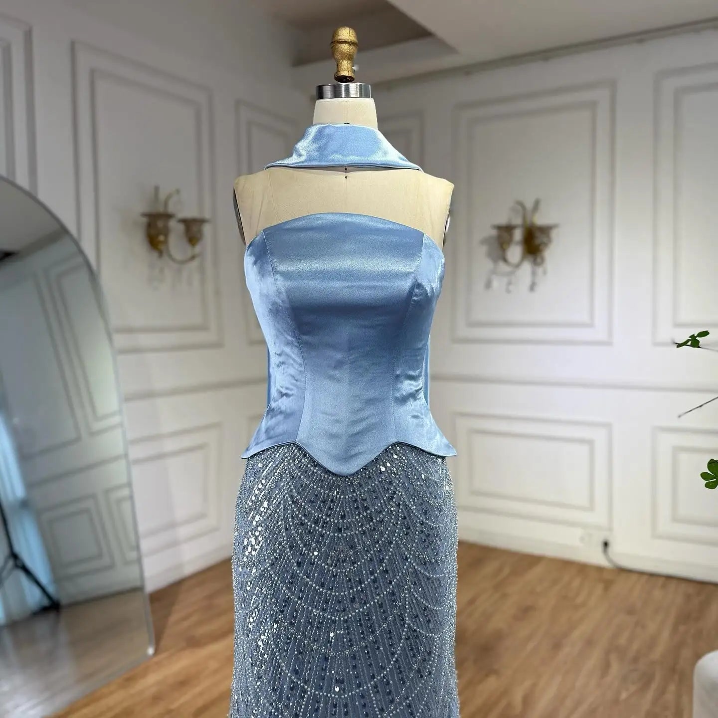 Blue Arabic Dubai Designer A-Line Evening Dress for Women Party LA73216 - SERENE HILL