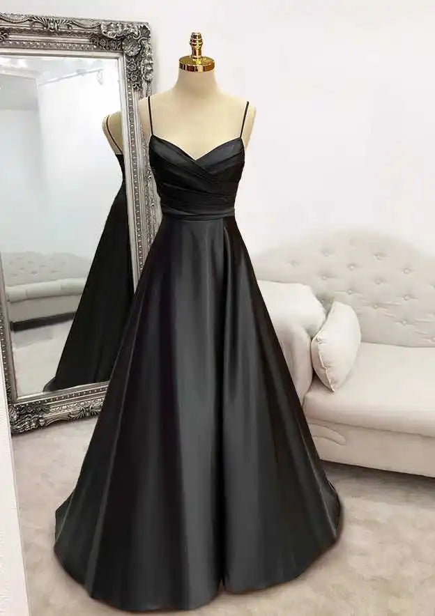 Serene Hill Arabic Green A-Line Spaghetti Straps Floor-Length Satin Prom Dress with Pleats for Women&
