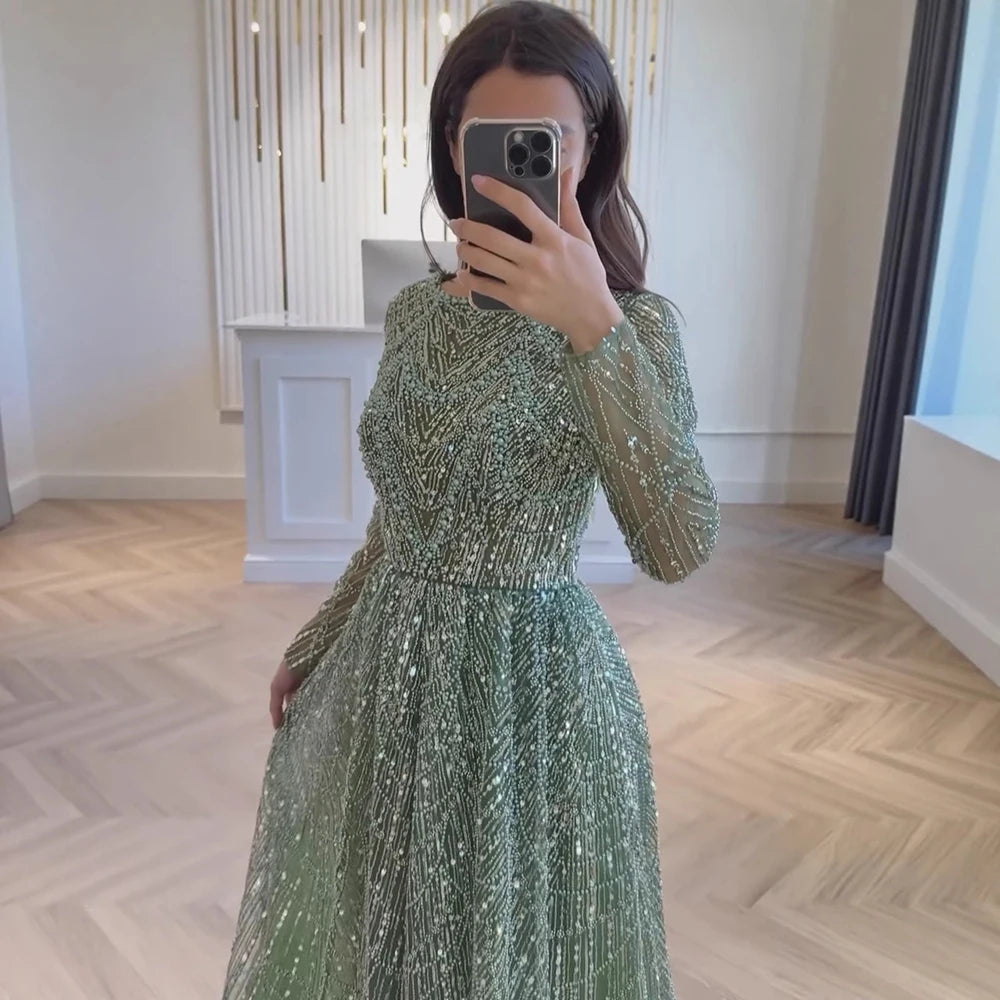 Luxury Olive Green Beaded A-Line Modest Evening Dress Plus Size LA72738B - SERENE HILL