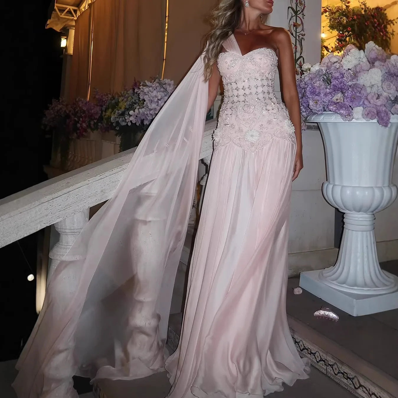 Luxury Pink Arabic Floral chiffon Evening Dress With Cape LA73451 - SERENE HILL