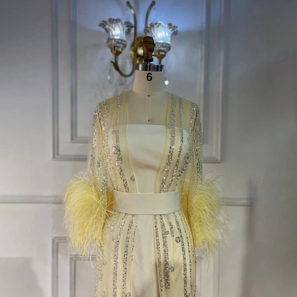 Light Yellow Luxury Feathers Evening Dresses for Wedding Party LA71759 - SERENE HILL
