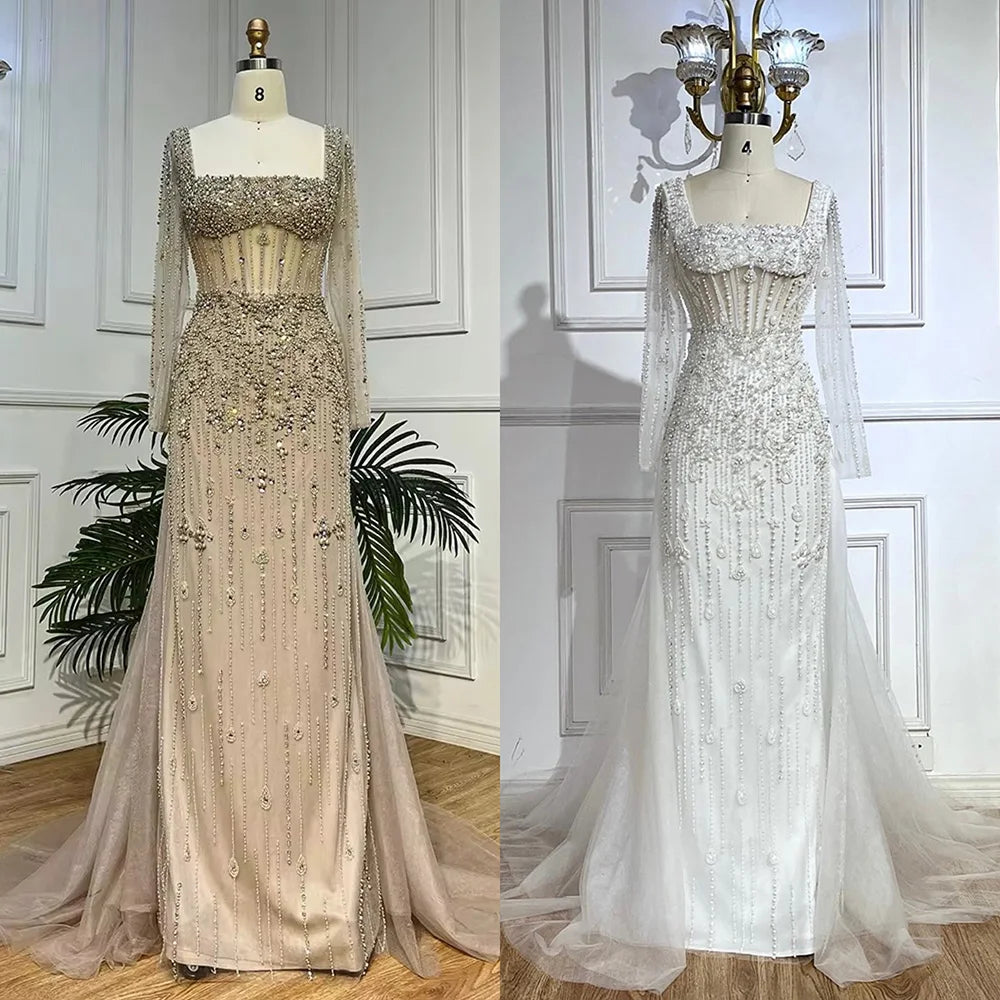 Luxury Caramel Long Sleeves Evening Dress with Overskirt LA72014 - SERENE HILL