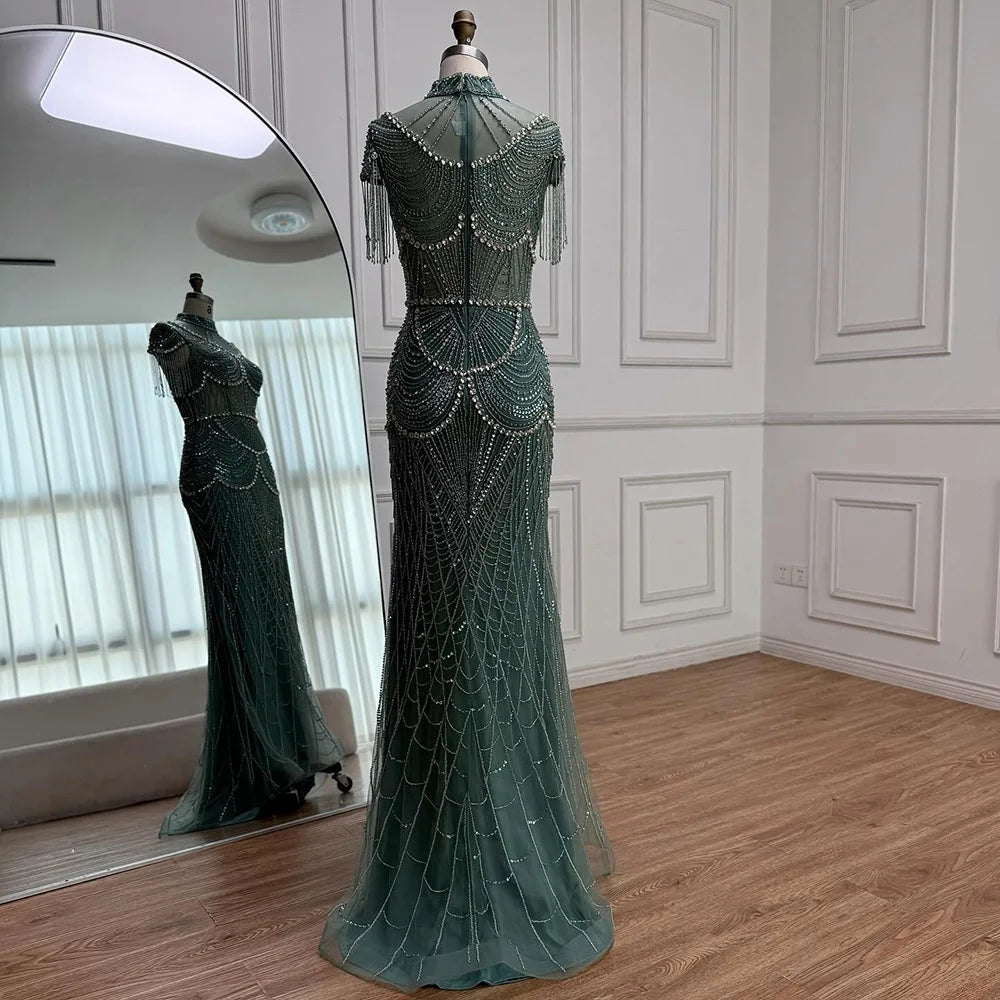 Luxury Turquoise High Neck Beaded Tassel Evening Dress for Women LA73112 - SERENE HILL