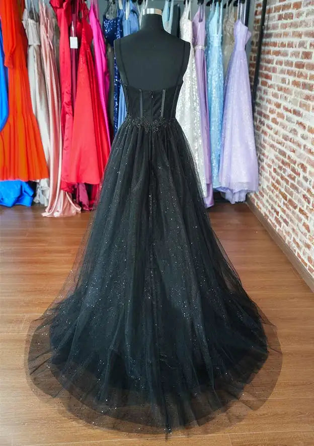 Serene Hill Arabic Black A-Line Sweetheart Spaghetti Straps Tulle Glitter Prom Dress with Appliqué for Women&
