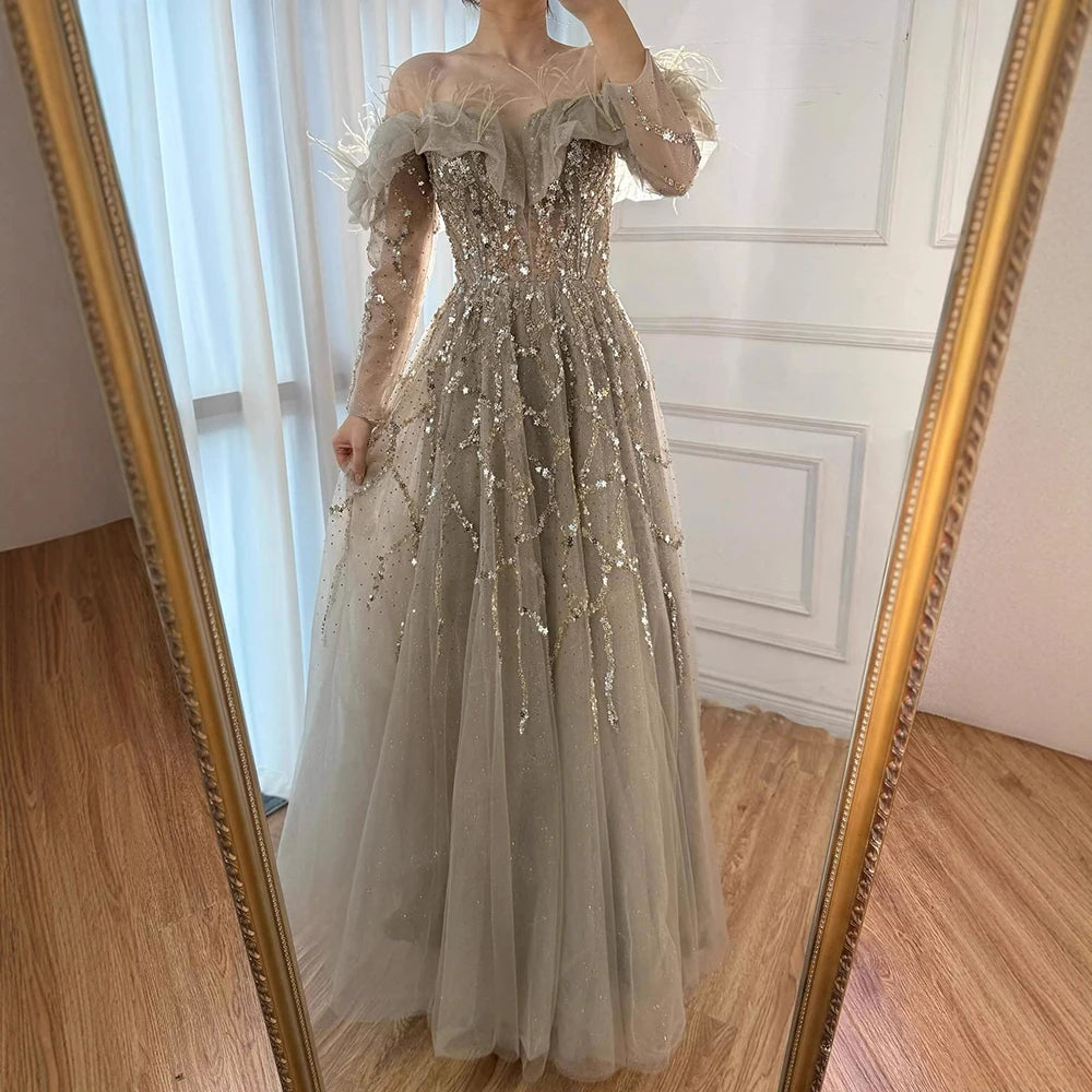 Luxury Caramel Beaded Feather A-Line Sparkle Evening Dress LA71328A - SERENE HILL