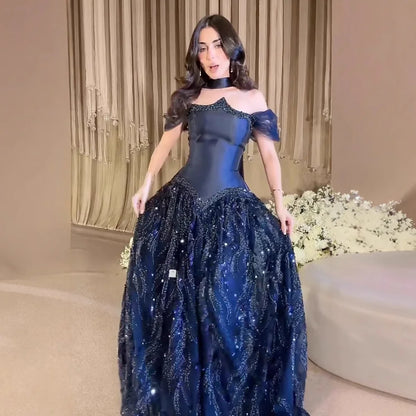 Luxury Arabic Navy A-Line Evening Dress with Beaded LA73050 - SERENE HILL