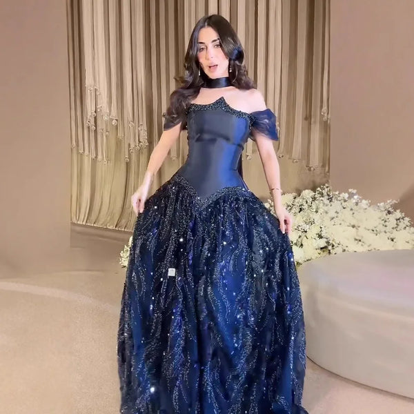 Luxury Arabic Navy A-Line Evening Dress with Beaded LA73050