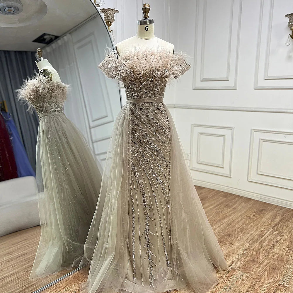 Luxury Dubai Saudi Arabic Beaded Caramel Mermaid Elegant Evening Dresses Gowns with Overskirt for Formal Occasion LA71634A - SERENE HILL