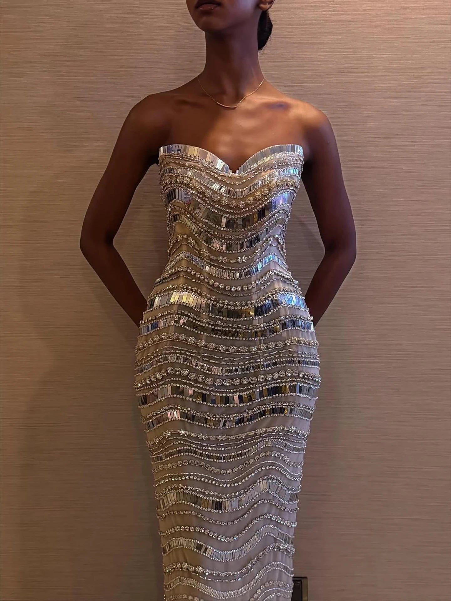 Luxury Silver Nude Beaded Mermaid Evening Dress LA73449 - SERENE HILL