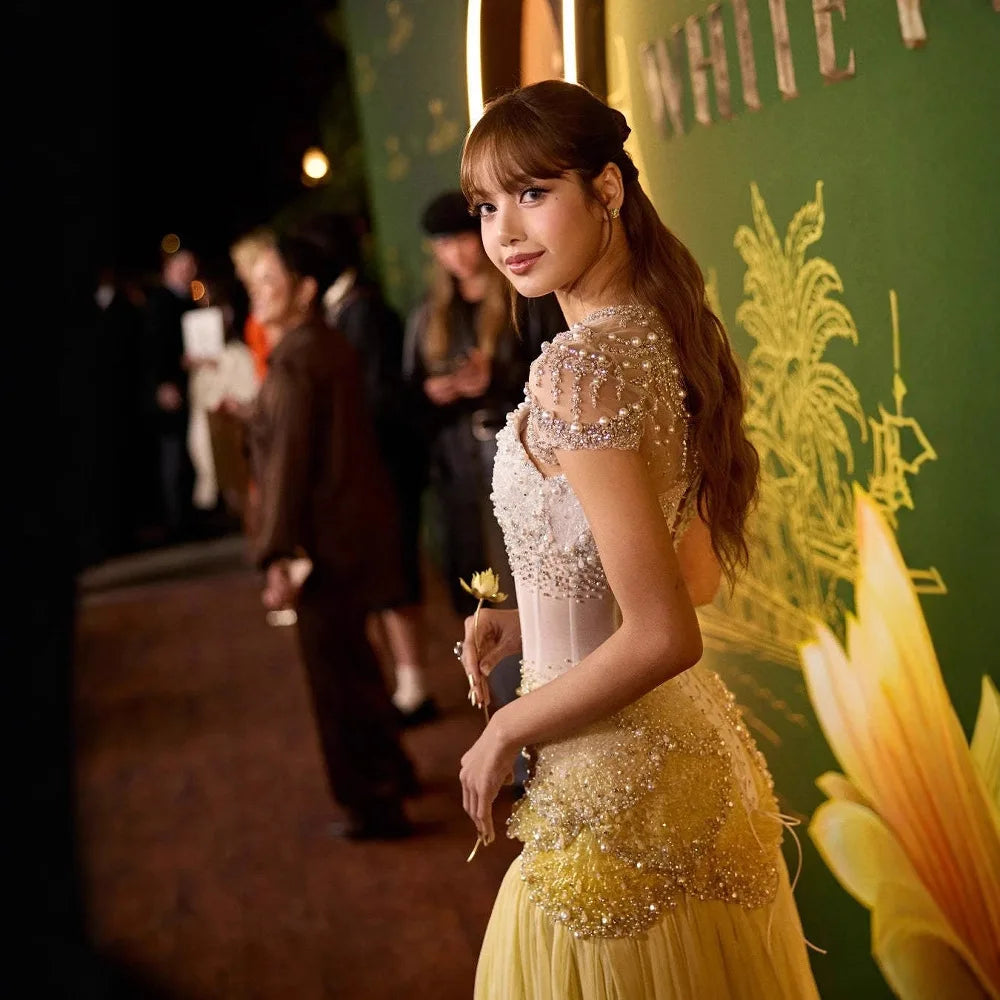 Luxury Yellow Pearls A-Line Evening Dress with Flowing Coat LA72978 - SERENE HILL