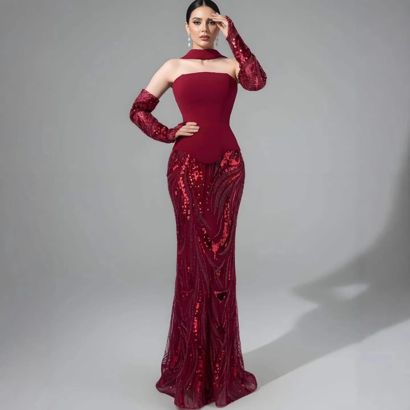 Luxury Wine Red Mermaid Evening Dress With Gloves LA73050E - SERENE HILL