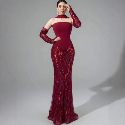 Luxury Wine Red Mermaid Evening Dress With Gloves LA73050E - SERENE HILL