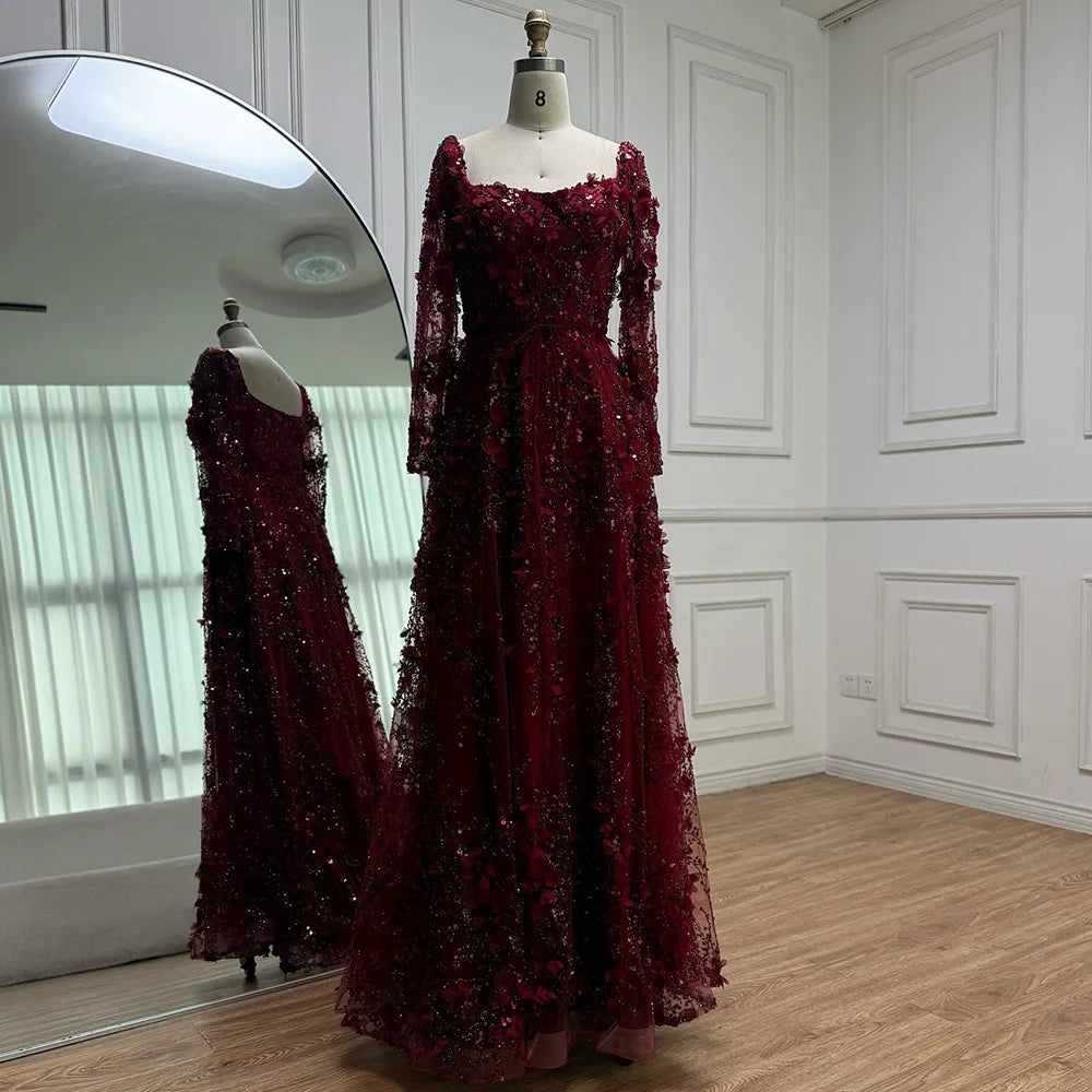 Luxury Arabic Gray A Line Elegant 3D Flower Evening Dress Long Sleeve LA72657 - SERENE HILL