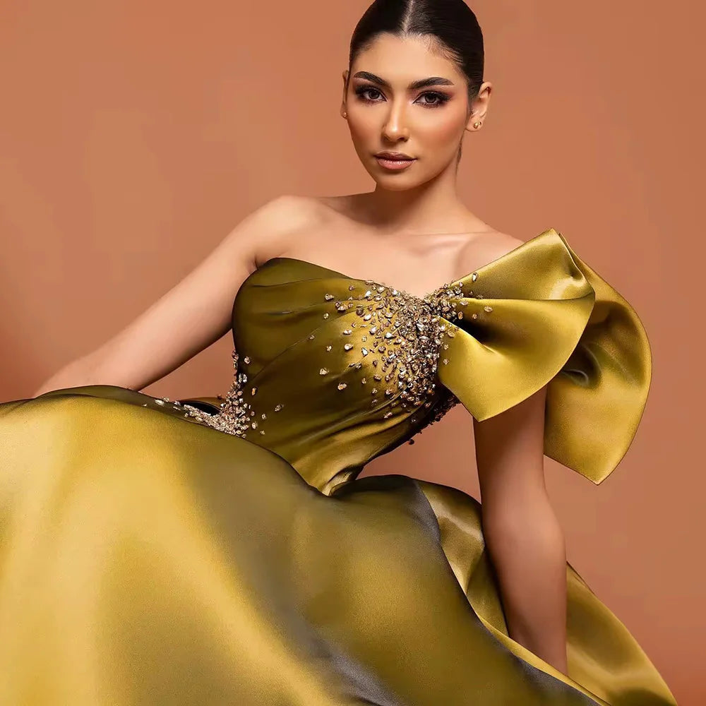 Luxury Yellow Satin One Shoulder A Line Evening Dress LA72794 - SERENE HILL