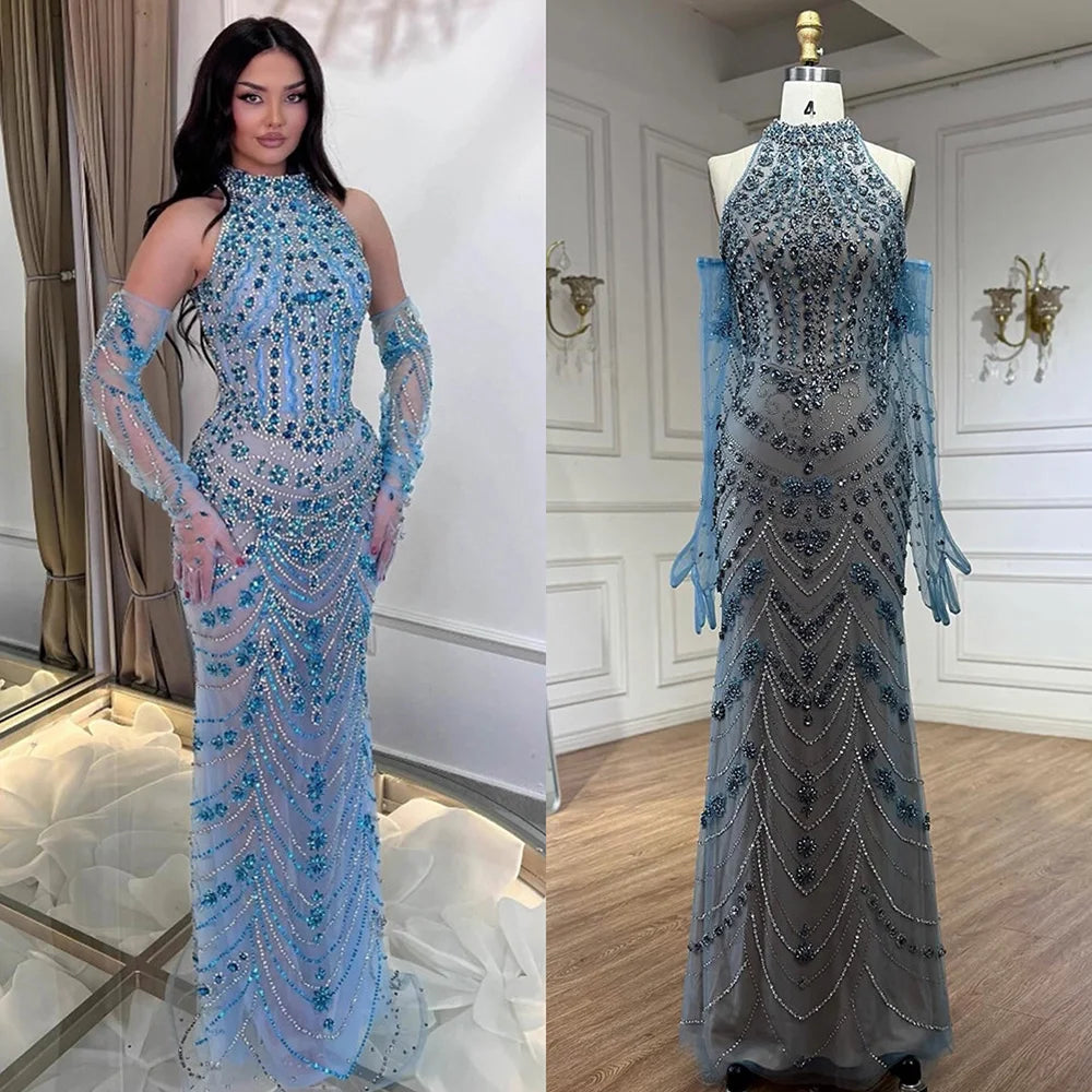Luxury Dubai Arabic Blue Beaded Evening Dress with Gloves LA72760A - SERENE HILL