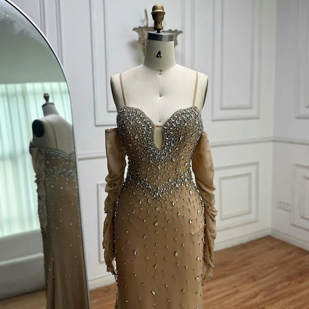 Luxury Nude Beaded Dress with Detachable Sleeves LA73065 - SERENE HILL