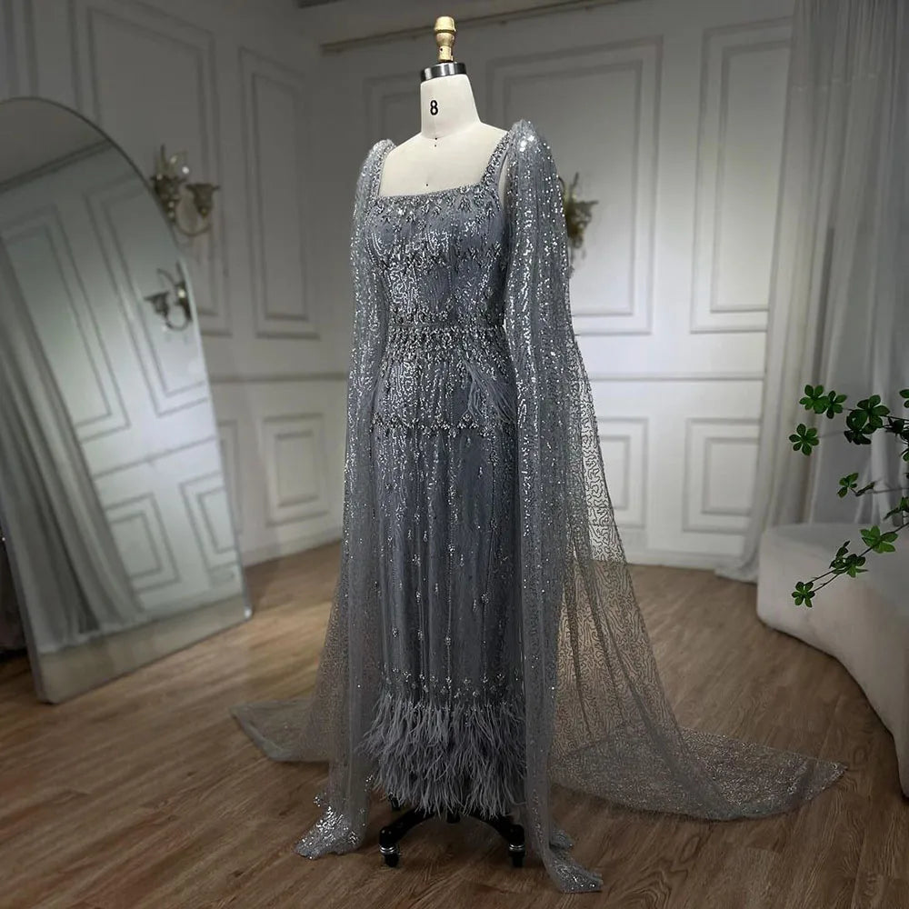 Bling Gray Mermaid Feather Arabic Midi Evening Dress with Cape LA72334 - SERENE HILL