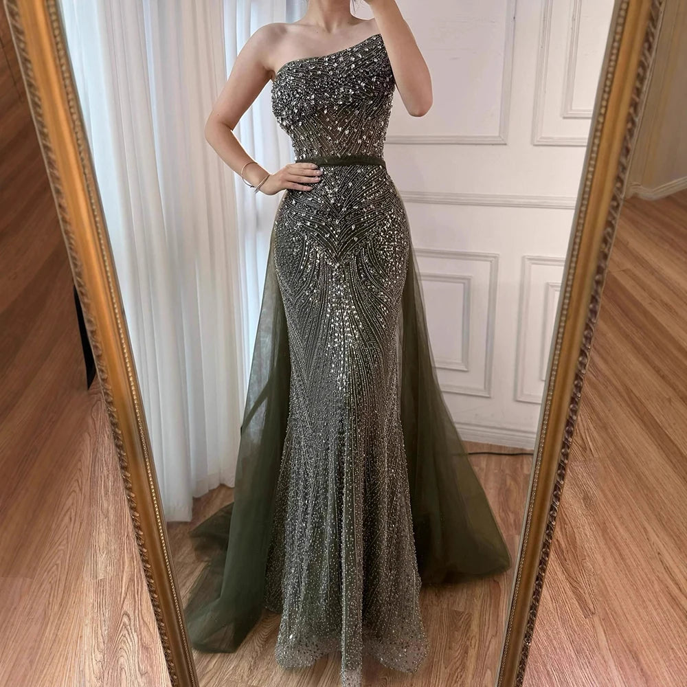 Luxury Olive Green Beaded Mermaid Evening Dress with Detachable Overskirt LA73164A caramel / 16