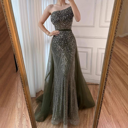 Luxury Olive Green Beaded Mermaid Evening Dress with Detachable Overskirt LA73164A - SERENE HILL