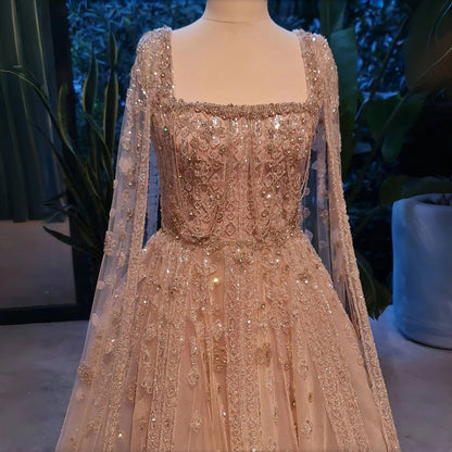Luxury Designer Nude A-Line Crystal Beaded Arabic Evening Dress LA72764 - SERENE HILL