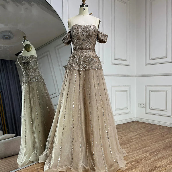 Serene Hill  Off The Shoulder A-Line Caramel Beaded Luxury Evening Dress for Formal Occasion Saudi LA72709