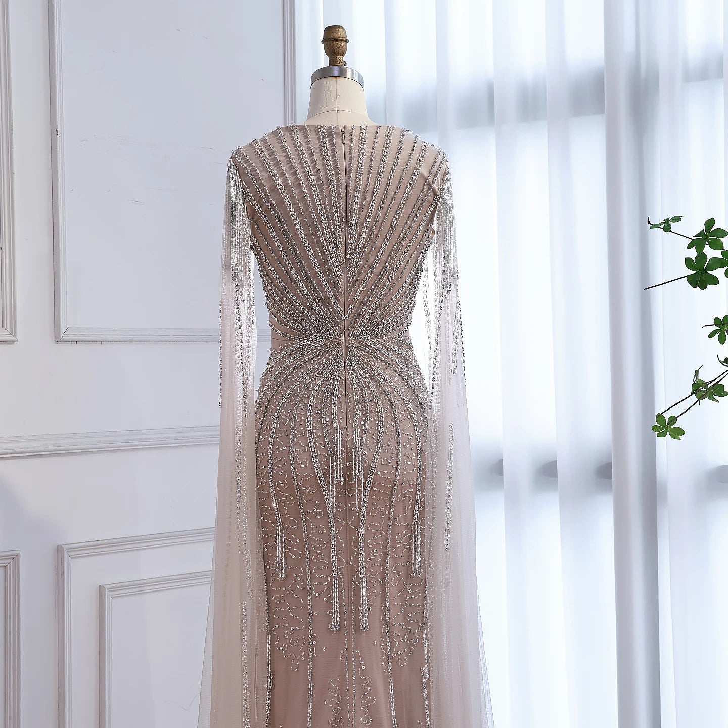 Luxury Caramel Beaded Evening Dress With Cape LA72992A - SERENE HILL