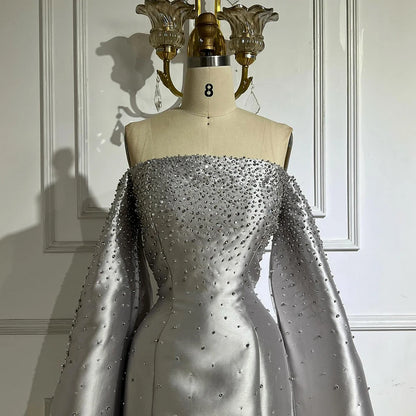 Luxury Dubai Luxury Off Shoulder A Line Gray Satin Evening Gown Pearl Beaded for Formal Occasion LA72779 - SERENE HILL