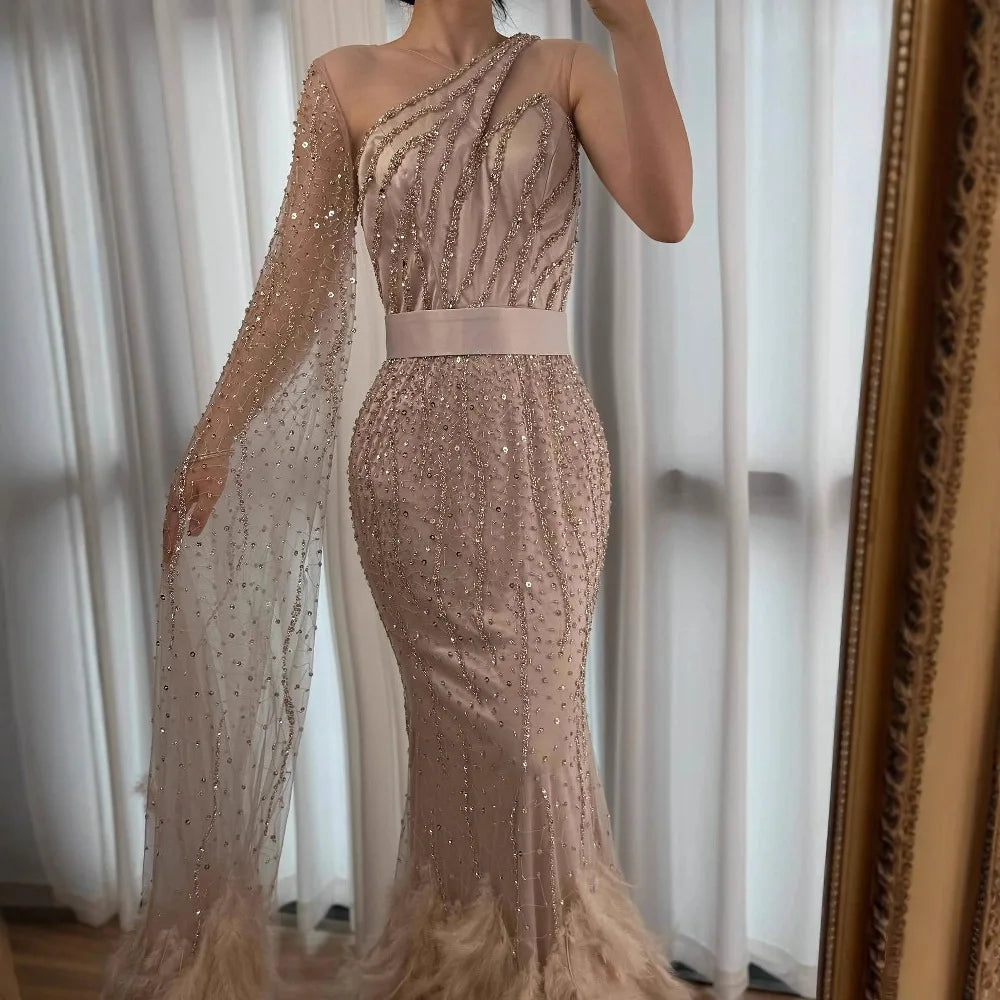 Elegant Nude One Shoulder Feather Beaded Mermaid Evening Dress LA71096 - SERENE HILL