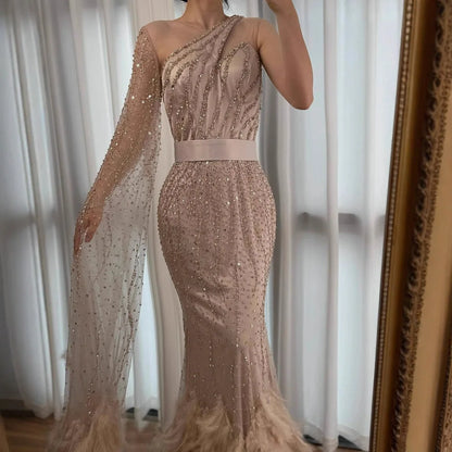 Elegant Nude One Shoulder Feather Beaded Mermaid Evening Dress LA71096 - SERENE HILL
