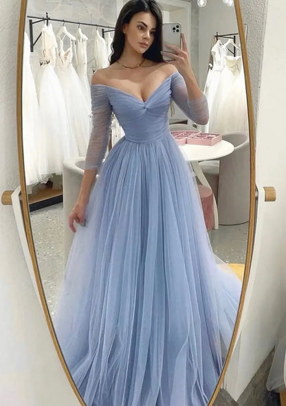Serene Hill Arabic Blue A-Line Off-the-Shoulder Tulle Prom Dress with Pleats for Women&