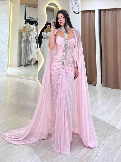 Luxury Pink Halter Crystal Beaded Evening Dress with Cape LA73374 - SERENE HILL