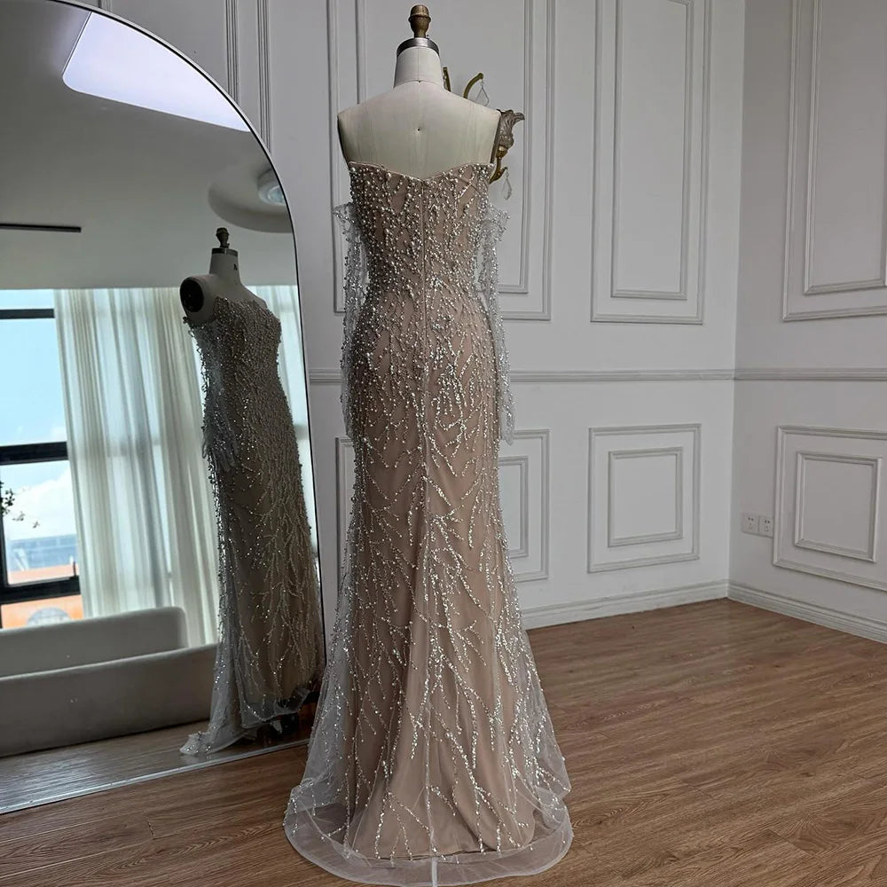 Luxury Nude Pearl Beaded Mermaid Evening Gown with Gloves LA72345C - SERENE HILL